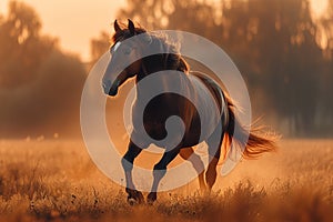 Stunning rural scene a thoroughbred stallion runs in a meadow at dusk