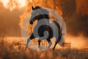 Stunning rural scene a thoroughbred stallion runs in a meadow at dusk