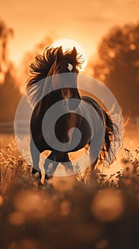 Stunning rural scene a thoroughbred stallion runs in a meadow at dusk