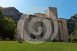 The stunning San Vittore alle Chiuse with it`s round towers is a Roman Catholic abbey and church in the comune of Genga, Marche, photo