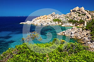 Stunning Sardinia coastline with rocks and azure clear water, Costa Smeralda, Sardinia, Italy