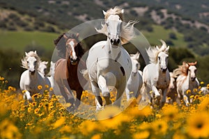 Stunning scene of a magnificent herd of horses galloping gracefully across a vibrant green field