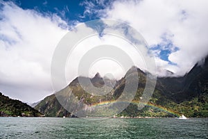 A stunning scene of nature with snow mountain and waterfalls at Milford Sound, New Zealand. I