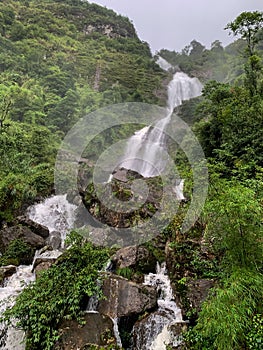 Stunning scenery and fresh cool atmosphere at Silver Waterfall Thac Bac waterfall in Sapa,Lao Cai province,North Vietnam.