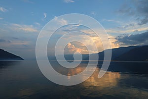 Stunning scenery of volcanic lake Toba - largest and deepest crater lake in the world located in North Sumatra, Indonesia