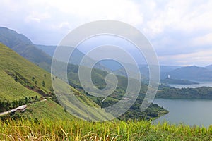 Stunning scenery of volcanic lake Toba - largest and deepest crater lake in the world located in North Sumatra, Indonesia