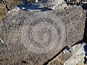 Stunning shot of an Ancient petroglyps carved into rock photo