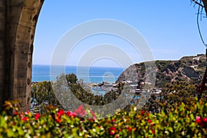 A stunning shot of the boats and yachts docked and sailing Dana Point Harbor with deep blue ocean water, lush green plants