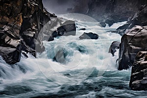 Raging Rapids in Rocky Cliffs: Moody and Rugged Lighting