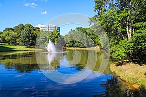 A stunning shot of still silky brown lake with a water fountain in the middle of the lake surrounded by green grass