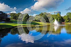 A stunning shot of still silky brown lake with a water fountain in the middle of the lake surrounded by green grass