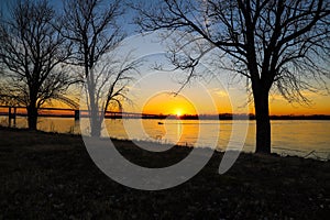 A stunning shot of a white motor boat sailing down the Mississippi river with a gorgeous yellow and red sunset with trees