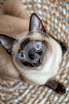 Stunning Siamese Cat with Striking Blue Eyes Sitting on Woven Rug, Close Up View of Beautiful Feline with Unique Coloration, photo