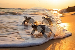 A stunning sight of numerous sea turtles surfacing from the deep blue sea, A group of sea turtles hatchlings making their way to