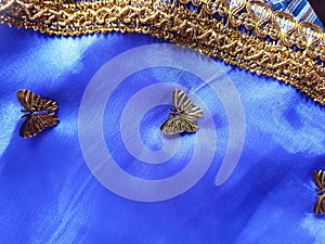 Stunning Silk Organdy Purple Fabric with Gold Lace and Butterfly Sequins, Indonesian Traditional Wear