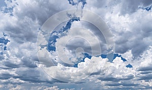 Stunning skyscape with cumulus clouds. Cloudy sky panorama photo