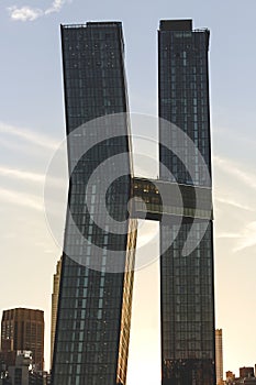 Stunning skyscrapers standing out on the Manhattan skyline at sunset