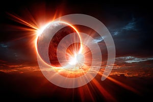 Stunning solar eclipse observed over a dramatic landscape with vibrant colors at sunset