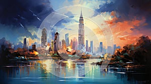 Stunning Speedpainting Of City Skyline At Sunset: A Tropical Masterpiece