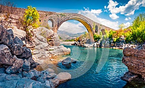 Stunning spring view of Old Mes Bridge. Gorgeous morning landscape of Shkoder