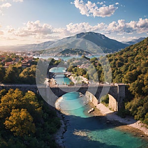 Stunning spring view of Old Mes Bridge. Gorgeous morning landscape of Shkoder. Colorful outdoor scene of Albania,