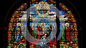 A stunning stained glass window in a church that depicts a religious scene or symbol. generative ai.