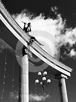 The stunning statue of a flutist in Irpin, Ukraine in black & white - Kyiv - Ukraine - Irpin