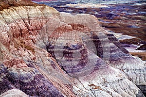 Stunning striped purple sandstone formations of Blue Mesa badlands in Petrified Forest National Park