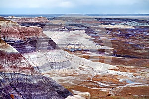 Stunning striped purple sandstone formations of Blue Mesa badlands in Petrified Forest National Park