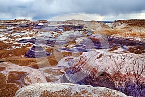 Stunning striped purple sandstone formations of Blue Mesa badlands in Petrified Forest National Park