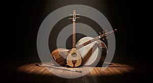 Traditional instruments bathed in dramatic spotlight