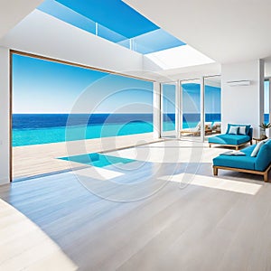 A stunning summer beach house features an sizable living room with a view of the sea and a pool next to the Large white