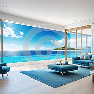 A stunning summer beach house features an sizable living room with a view of the sea and a pool next to the Large white