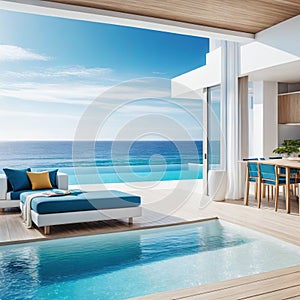 A stunning summer beach house features an sizable living room with a view of the sea and a pool next to the Large white