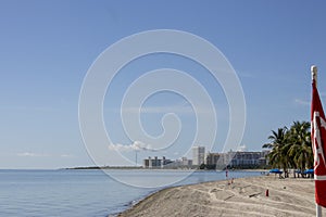 a stunning summer landscape at Crandon Park with blue ocean water, green palm trees and grass, people walking, hotels and condos