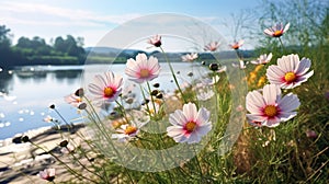 A stunning summer landscape unfolds as yellow and white daisies, clovers