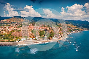 Stunning summer view from flying drone of San Lucido - town and comune in the province of Cosenza in the Calabria region.
