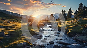 Golden Hour Wilderness Landscape: Mountain Stream With Setting Sun photo