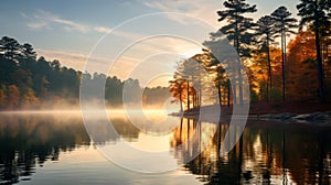 Stunning Sunrise At Lake In North Carolina Forest - Stock Photo