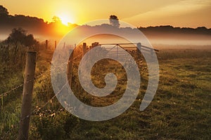 Stunning sunrise landscape over foggy English countryside with g