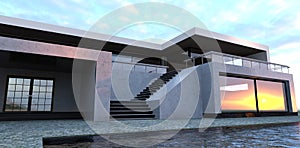 Stunning sunrise reflects in windows of contemporary high tech style house. White marble finishing of facade. 3d render.