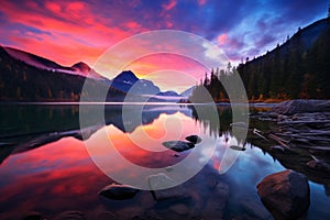 A stunning sunrise tinged the placid lake with vivid colors