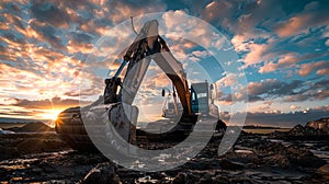 Stunning Sunset Behind a Silhouetted Excavator on a Construction Site. Industrial Machinery at Work in a Dramatic