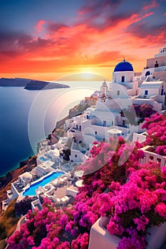 Stunning sunset Mediterranean Sea. Picturesque landscape of Santorini island, Greece