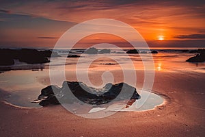 Stunning sunset over a beach with rocks on the sandy shoreline.