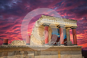 Stunning sunset over Knossos palace, Crete island, Greece.