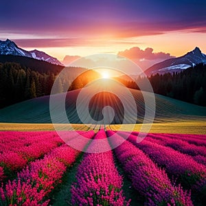 stunning sunset over a lavender fields