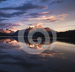 A stunning sunset over Maligne Lake of Jasper National Park