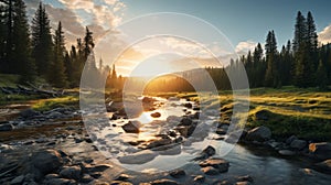 Serene Wilderness Landscape At Sunset: A Photorealistic Image photo