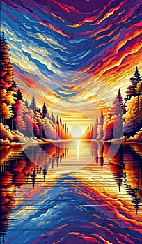 A stunning sunset over a river with the sky ablaze in autumn colors, casting a warm glow on the water. landscape background